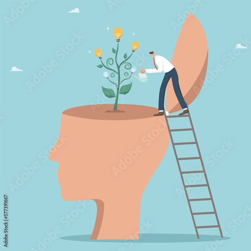 Personal growth or development of intellectual potential, grow a genius in yourself, creative thinking and intuition for business development and problem solving, man watering a tree with light bulbs.
