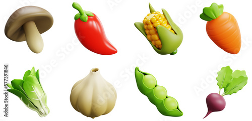 Fotobehang 3D Vegetables Set Corn Green Peas Carrot Beetroot Garlic Lettuce Chili Pepper Mu