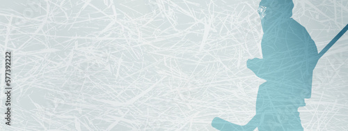 Silhouette of a hockey goalkeeper a muted dark blue tint on a ice background. Sports dynamic illustration with place for text, advertising, promotion, etc.