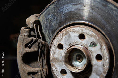 caliper, pad, brake disc and car hub close-up