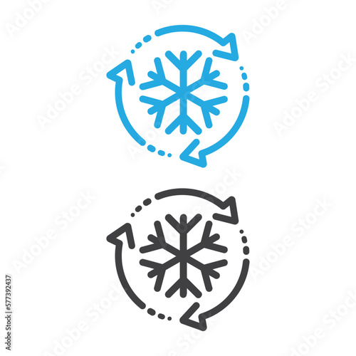 Freezer control icon, auto cooling or defrost, conditioning car or house, snowflake with rotation arrows.