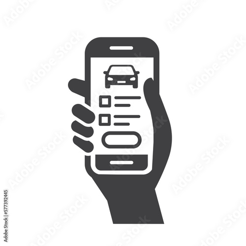 Online car registration line icon with a phone in hand.