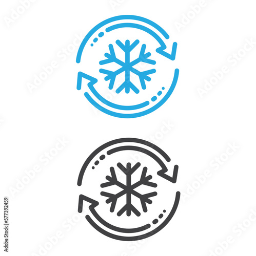 Freezer control icon, auto cooling or defrost, conditioning car or house, snowflake with rotation arrows.