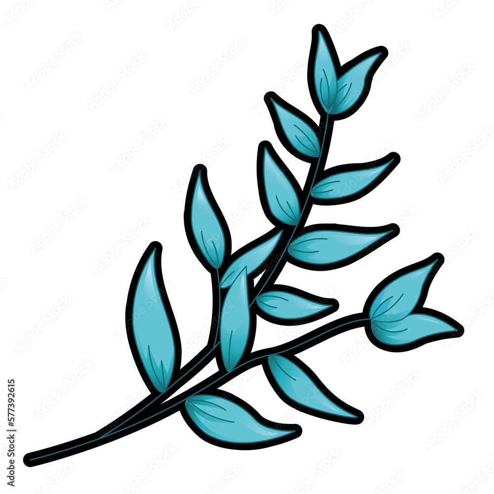 Minimalist illustration of a blue branch with leaves on white background Minimalist illustration of a blue branch with leaves on white background