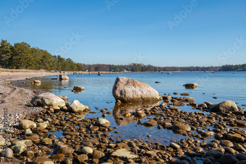 View of the shore and Gulf of Finland in spring, Furuvik nature preserve area, Hanko, Finland photo