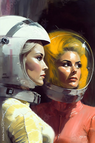 vintage sci-fi painting of two female astronauts wearing helmets on alien planet, created with generative ai photo