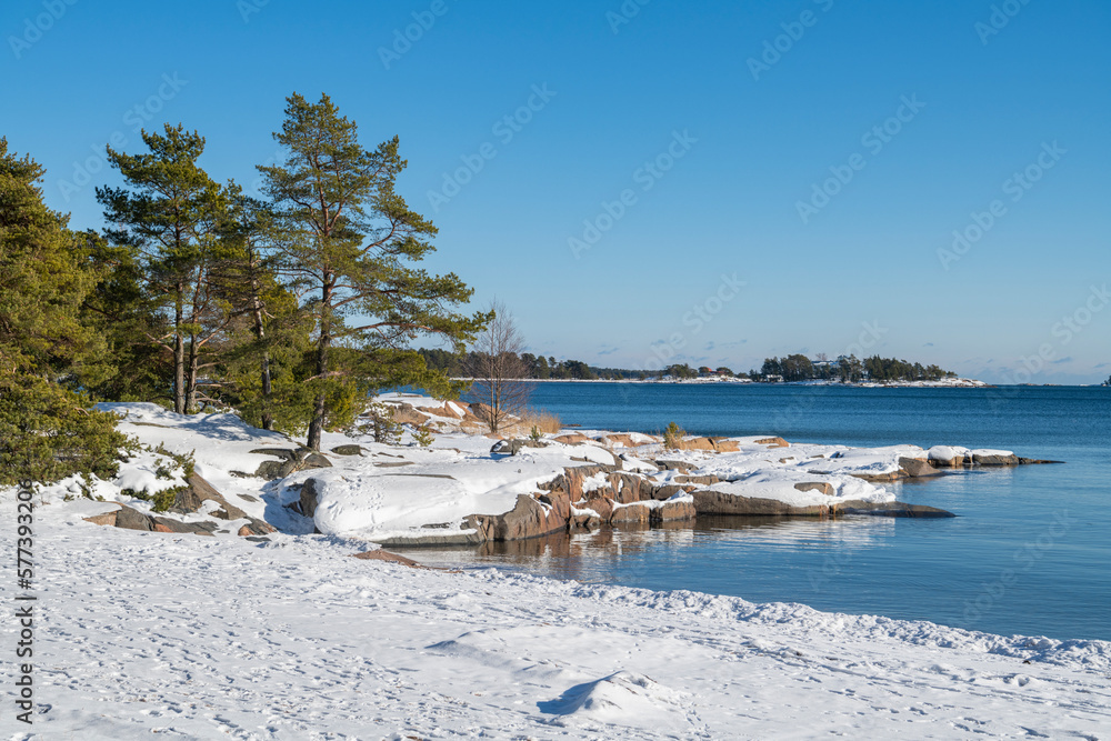 Winter view of the shore of Hanko Beach, Finland