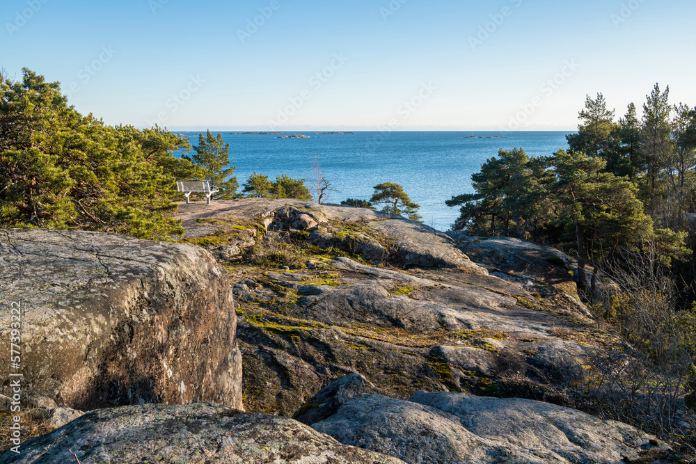 View of the rocky shore of Puistovuori in winter, Hanko, Finland