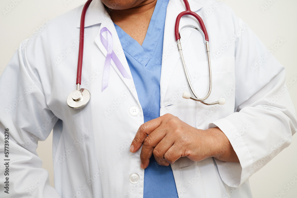Asian woman doctor with purple ribbon, World Pancreatic Cancer day or World Alzheimer day. Asian woman doctor with purple ribbon, World Pancreatic Cancer day or World Alzheimer day.
