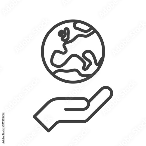 Hand holding planet earth, linear vector icon. Save the planet. Earth day symbol. World Environment Conservation. © Matias