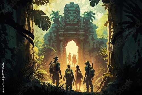 Fotótapéta A group of explorers on a treacherous journey through jungles, concept of Vast W