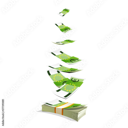 Green european paper currency. Falling twisted money. Realistic money business concept. Wealth and success symbol. Vector illustration 