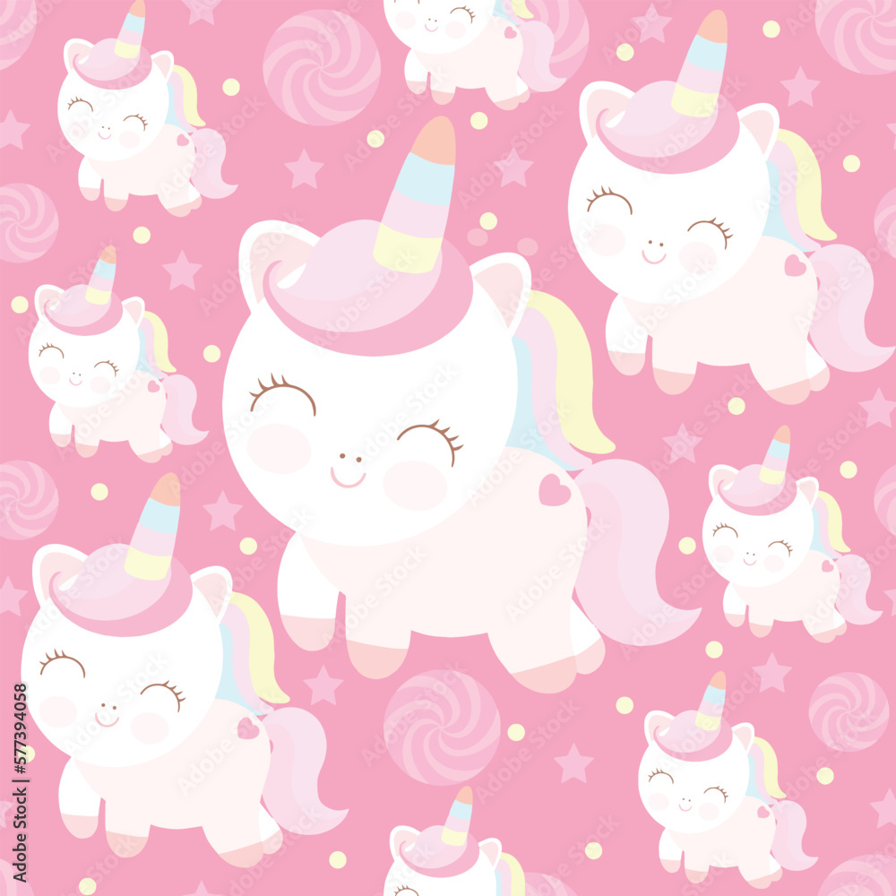 Cute pastel unicorn and sweets seamless pattern on pink background. Cute pastel unicorn and sweets seamless pattern on pink background.