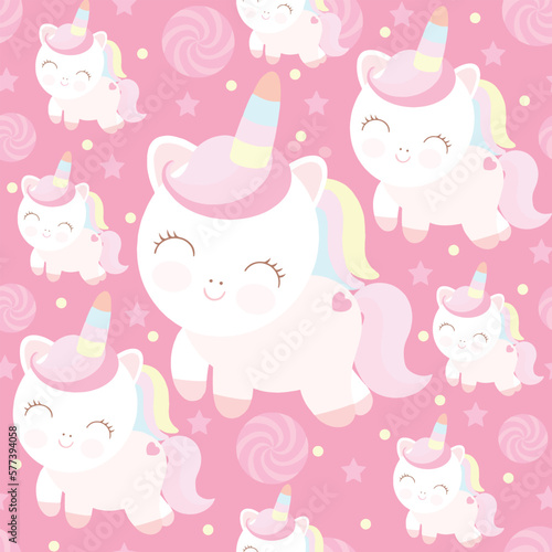 Cute pastel unicorn and sweets seamless pattern on pink background.