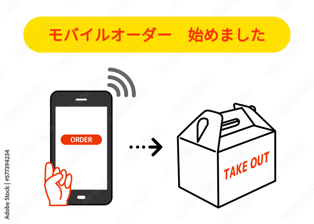 モバイルオーダー の注意書き 張り紙のイラスト ケーキ スイーツ用の箱 容器