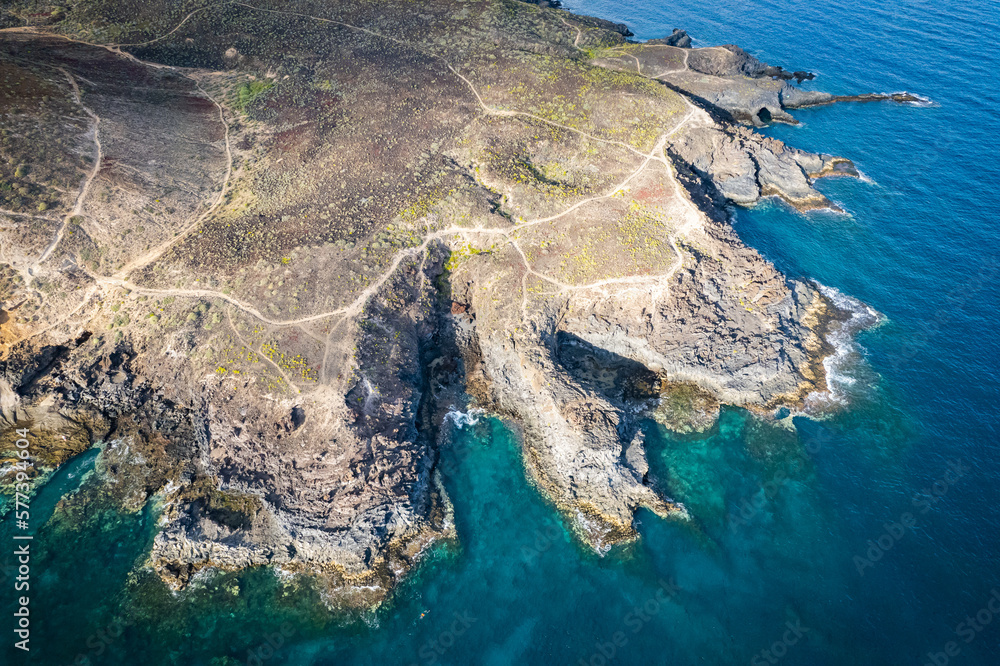 Aerial panoramic view of Monumento Natural de Montaña Amarilla at Las Galletas