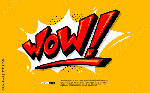 Wow Text Comic Speech Bubble in Cartoon Style 3d Bold Concept. Expression Text Wow with Retro Pop Art Style Halftone Background. Vector