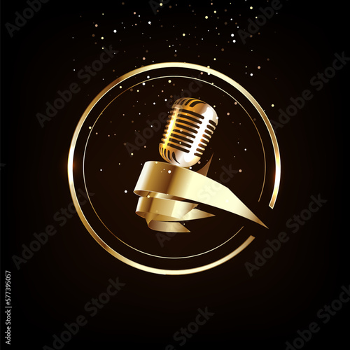 Golden old vintage microphone icon. Radio station banner.