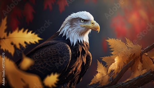 American bald eagle among autumn leaves. Generative AI art.