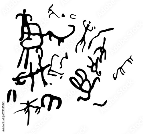 Rock petroglyphs depicting the invasion of predators and people defending domestic animals. Vector illustration of prehistoric rock petroglyphs discovered on the territory of Armenia