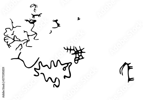 Rock petroglyphs depicting a snake attack on a life or pasture and people. Vector illustration of prehistoric rock petroglyphs discovered on the territory of Armenia