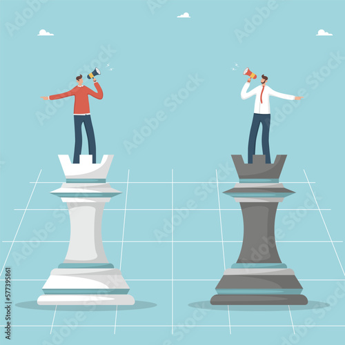 Opposite business vision, team conflict or dilemma, disagreement of team players, alternative choice and search for arguments in favor of the right plan, two people point in different directions.