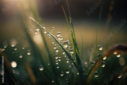 Closeup of lush green grass with drops of dew in soft morning light, Generative AI photo