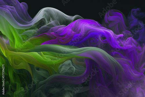 Colorful smoke swirling graciously. Purple and green smoke on black. Generative Ai photo