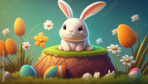 Happy Easter Bunny with colorful easter eggs
