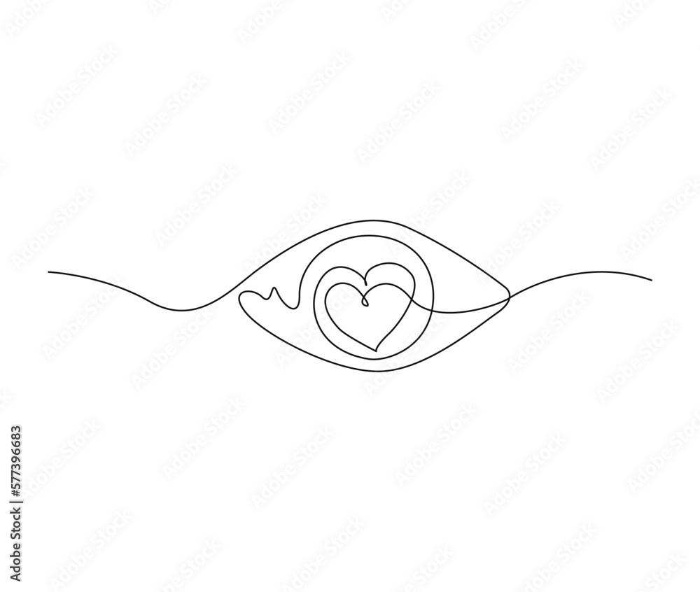 Continuous one line drawing of eye watch. Minimalist eye with retina shapped heart outline design. Editable active stroke vector. Continuous one line drawing of eye watch. Minimalist eye with retina shapped heart outline design. Editable active stroke vector.