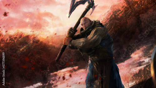 Fotografía A giant evil muscular bald warrior holds a huge ax in his hands, his face is covered in blood, he is an executioner and a murderer