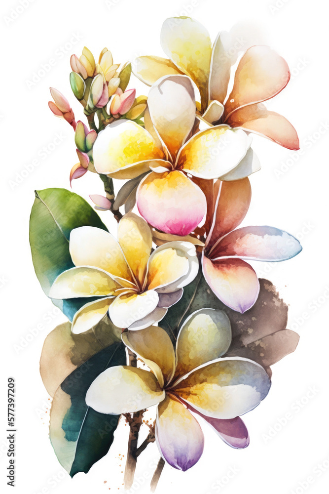 Naklejka premium Plumeria flowers watercolour Generative ai