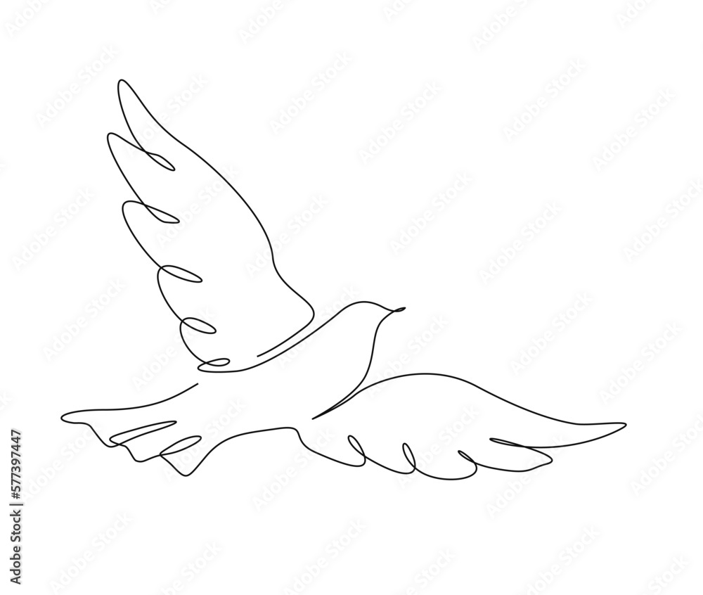 Continuous one line drawing of flying bird. Minimalist bird, pigeon outline design. Editable active stroke vector. Continuous one line drawing of flying bird. Minimalist bird, pigeon outline design. Editable active stroke vector.