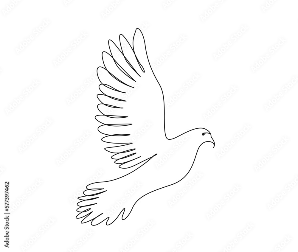 Obraz premium Continuous one line drawing of flying bird. Minimalist bird, pigeon outline design. Editable active stroke vector.