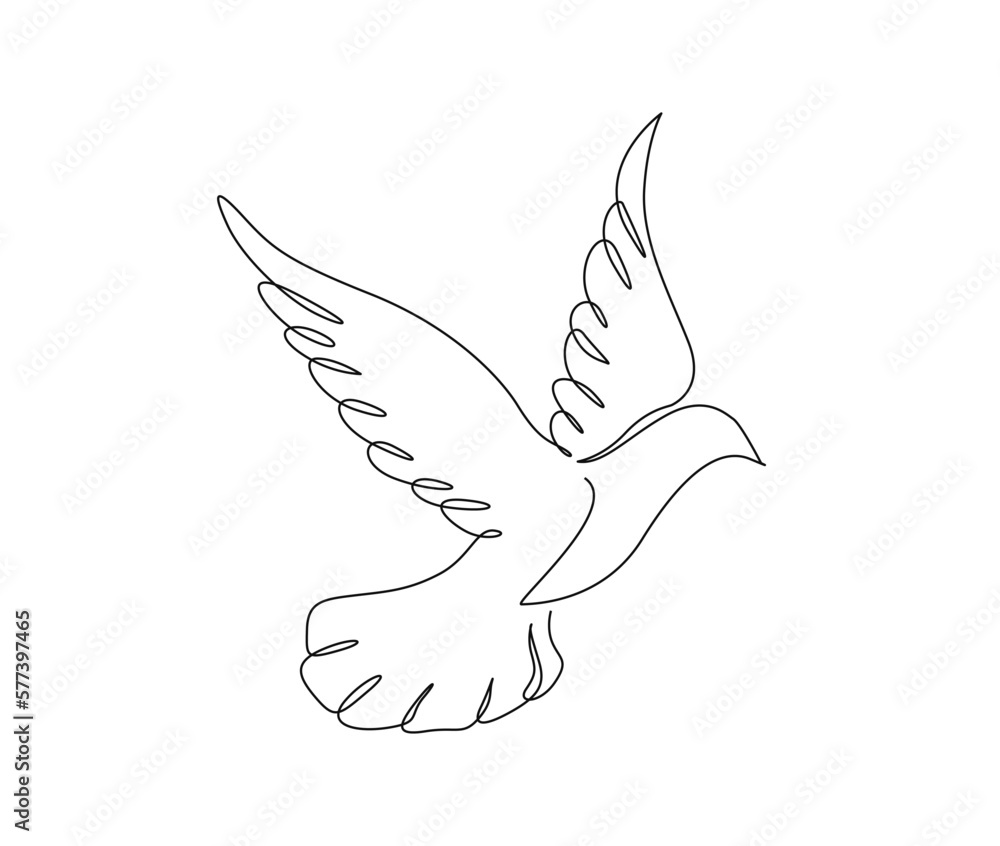 Continuous one line drawing of flying bird. Minimalist bird, pigeon outline design. Editable active stroke vector.
