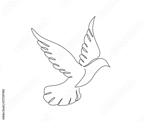 Continuous one line drawing of flying bird. Minimalist bird, pigeon outline design. Editable active stroke vector.