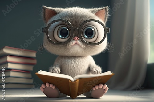 Cute Cartoon Cat Reading a ...
