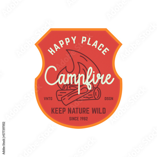 Camping logo badge vector design with campfire. Camp badge graphics in retro style. Travel colorful emblem. Stock vector label isolated