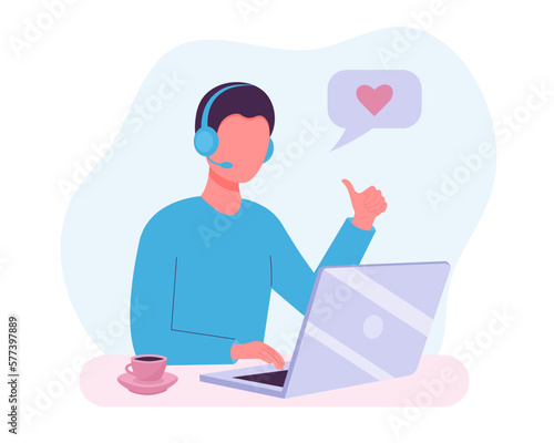 Man sitting at table with a laptop, with headphones and a microphone, showing the gesture of the thumb up. Support, call center, hot line, help, consultation, online communication.