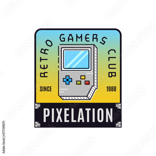Retro gaming logo template with vintage console. Game badge design. Pixel games club label. Stock vector emblem isolated