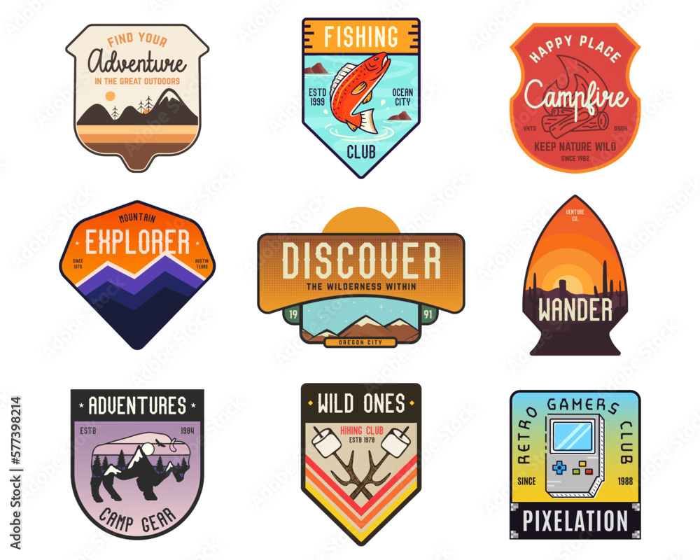 Collection of vintage camping badges featuring various wilderness-themed designs including mountains, forests, and outdoor activities. Stock vector travel labels isolated on white background.
