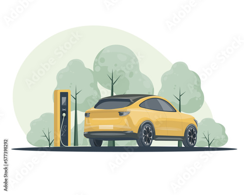 Fototapeta Naklejka Na Ścianę i Meble -  Electric car is charging. Electric car with charging station. The concept of charging an electric car. Isolated vector illustration electric vehicle.