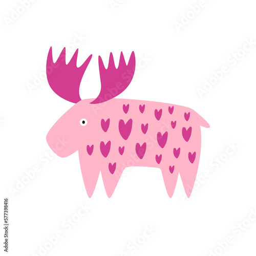 Vector illustration of a pink moose, elk in hearts in a modern trendy flat style.
