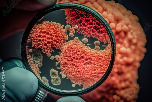 reddened rash on the skin through a microscope magnifying glass Generative AI photo