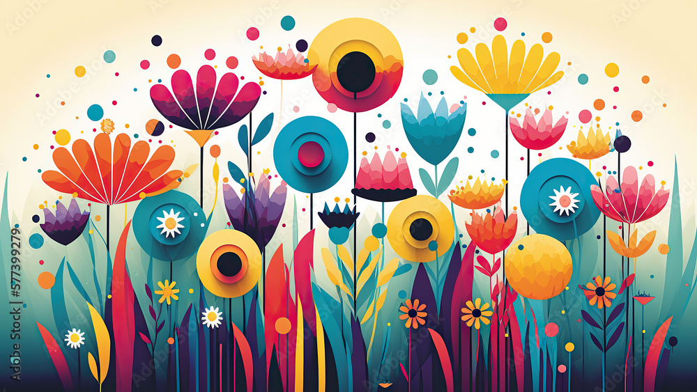 Abstract illustration of many colorful flowers on a bright background created with generative AI technology