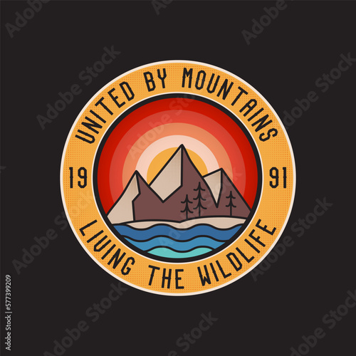 Camping logo vector design with mountains landscape. Camp badge graphics in retro style. Travel colorful emblem. Stock vector label