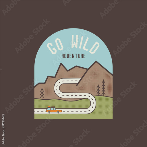 Camping logo badge vector design with mountains and road trip scene. Camp badge graphics in retro style. Travel colorful emblem. Stock vector label isolated on dark background