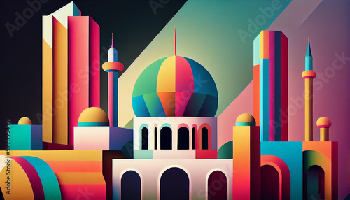 Mosque of Geometric shapes with lines gradients and vivid color  Generate AI