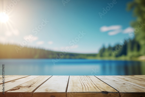 empty display wooden table and forest lake background empty copy space Generative AI.