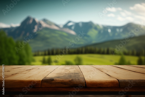 empty display wooden table on green field and forest mountains background empty copy space Generative AI